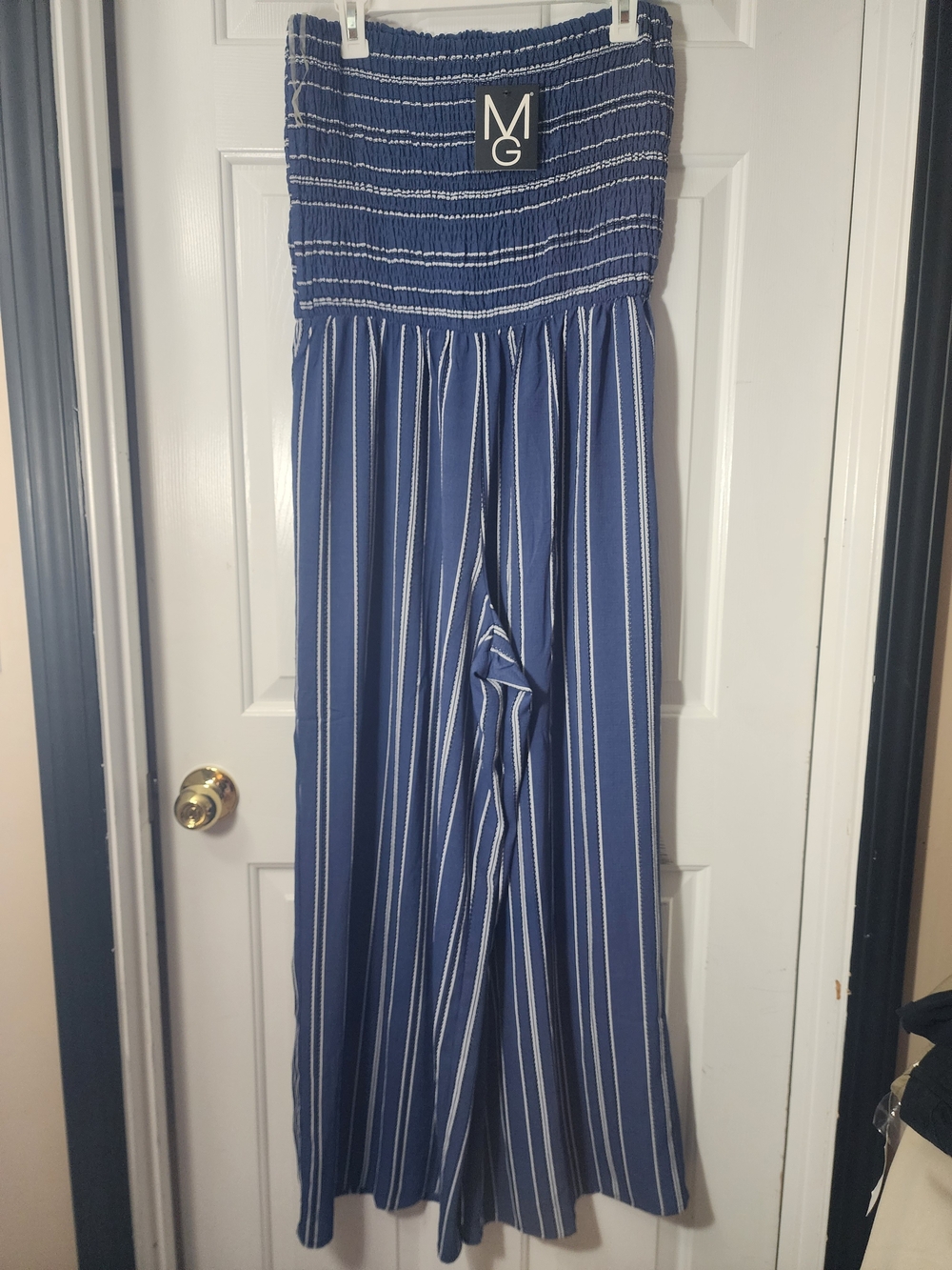 NWT - Mlle Gabrielle Navy & White Striped Smocked Wide-Leg Jumpsuit Sz 1X
